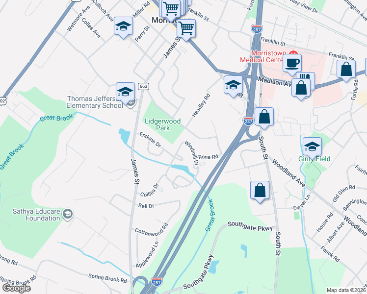 map of restaurants, bars, coffee shops, grocery stores, and more near 11 Carla Court in Morristown