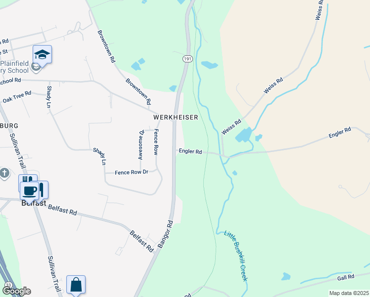 map of restaurants, bars, coffee shops, grocery stores, and more near 798 Bangor Road in Nazareth