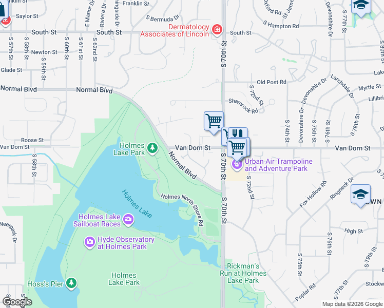map of restaurants, bars, coffee shops, grocery stores, and more near 2940 Park Place Drive in Lincoln