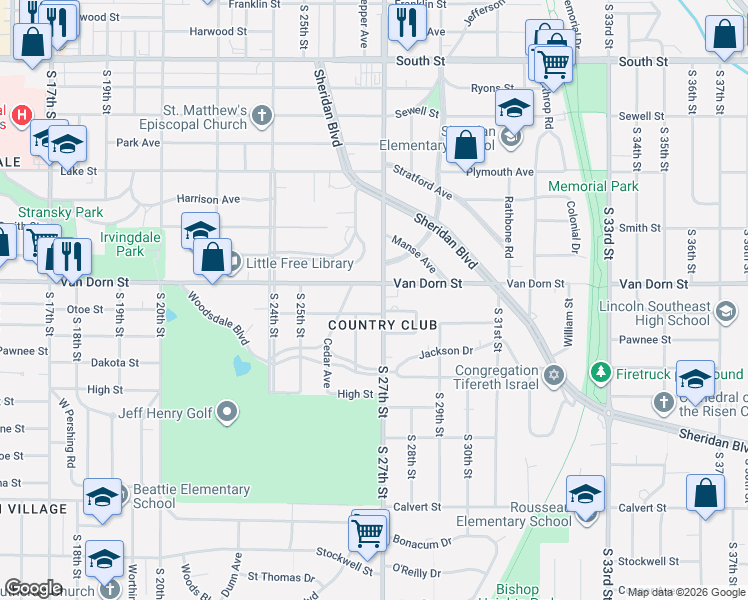 map of restaurants, bars, coffee shops, grocery stores, and more near 2845 South 27th Street in Lincoln