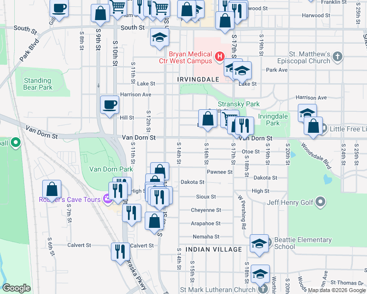 map of restaurants, bars, coffee shops, grocery stores, and more near 1440 Otoe Street in Lincoln