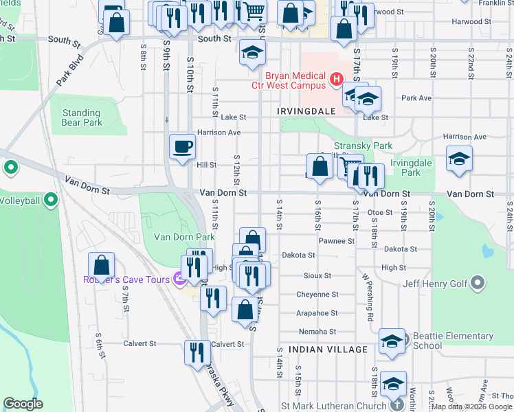map of restaurants, bars, coffee shops, grocery stores, and more near 1235 Otoe Street in Lincoln
