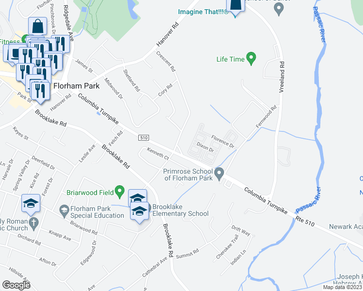 map of restaurants, bars, coffee shops, grocery stores, and more near 106 Crescent Road in Florham Park