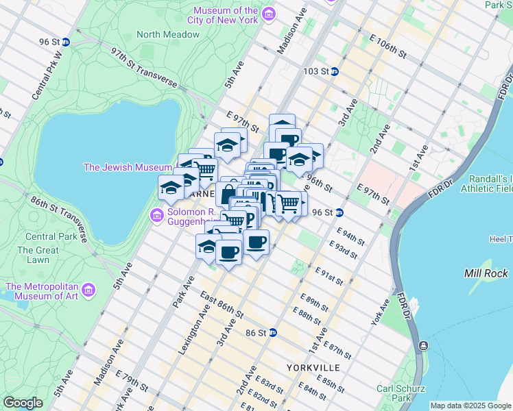 map of restaurants, bars, coffee shops, grocery stores, and more near 132 East 93rd Street in New York