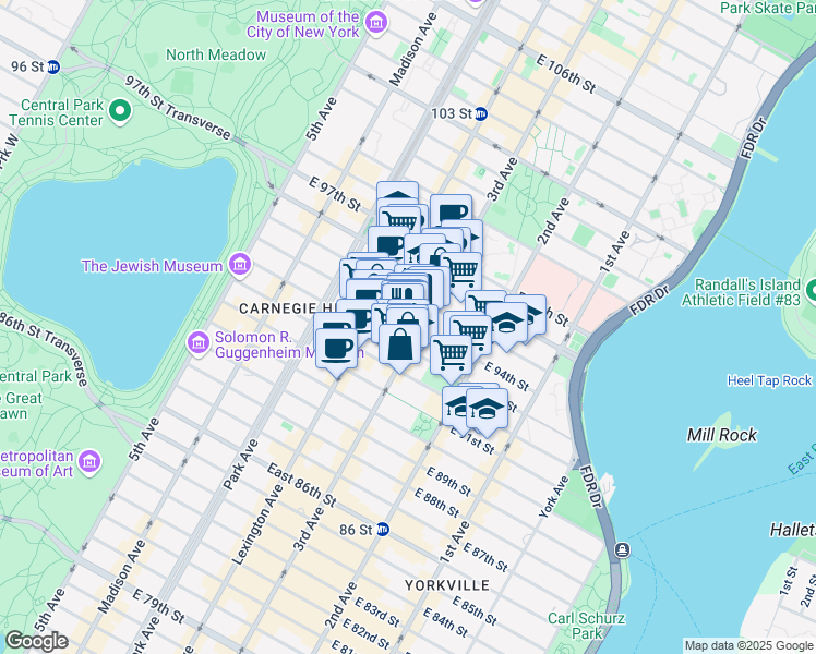 map of restaurants, bars, coffee shops, grocery stores, and more near 188 East 94th Street in New York