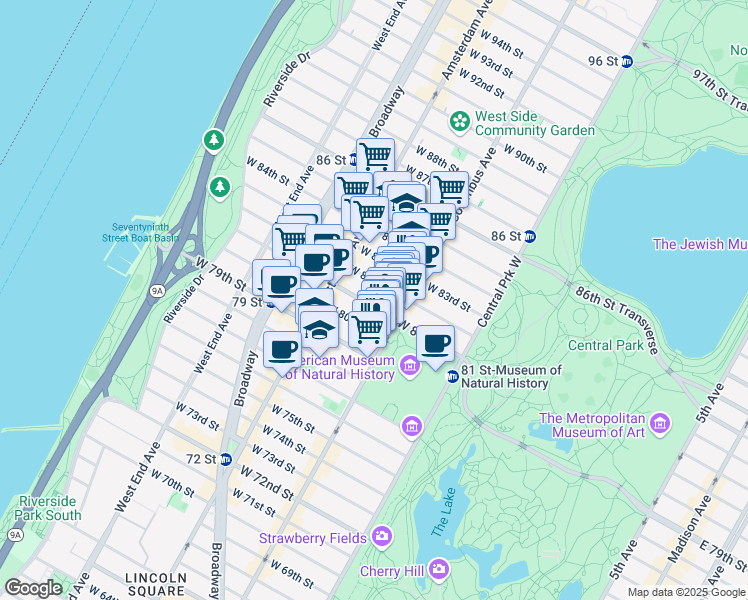 map of restaurants, bars, coffee shops, grocery stores, and more near 135 West 81st Street in New York