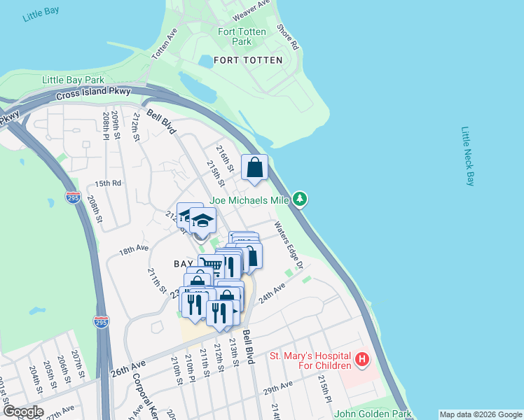 map of restaurants, bars, coffee shops, grocery stores, and more near 21535 23rd Avenue in Queens