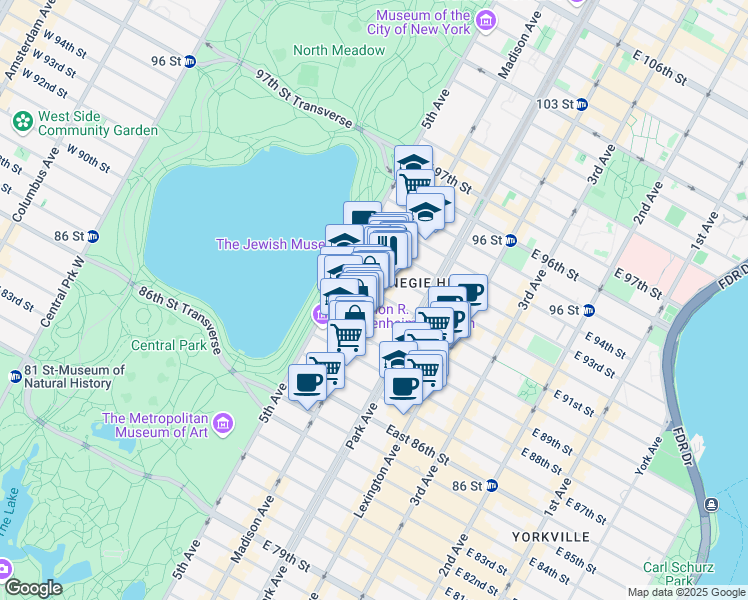 map of restaurants, bars, coffee shops, grocery stores, and more near 28 East 91st Street in New York
