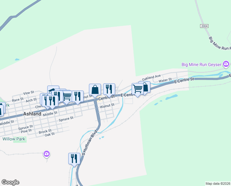 map of restaurants, bars, coffee shops, grocery stores, and more near 12 East Centre Street in Ashland