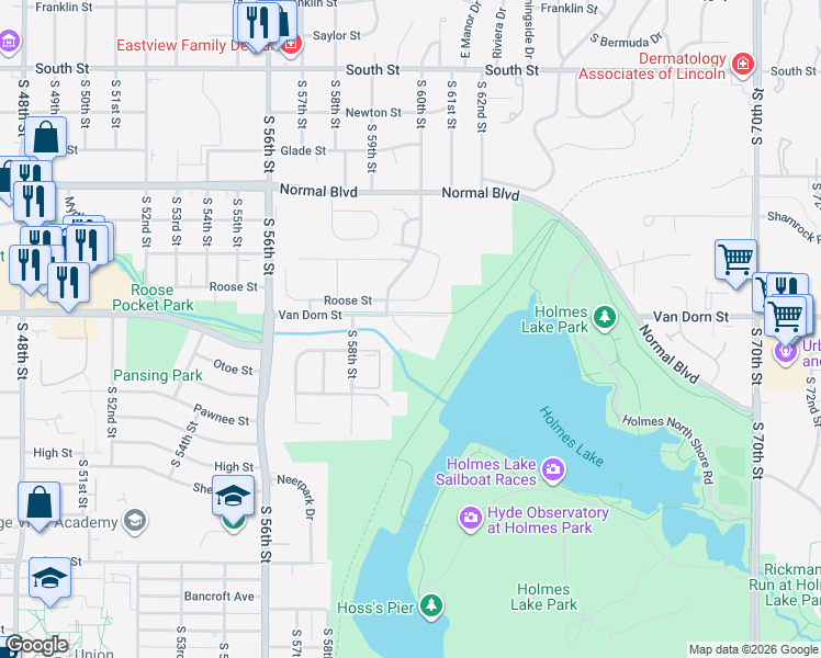 map of restaurants, bars, coffee shops, grocery stores, and more near 2816 Ponca Street in Lincoln