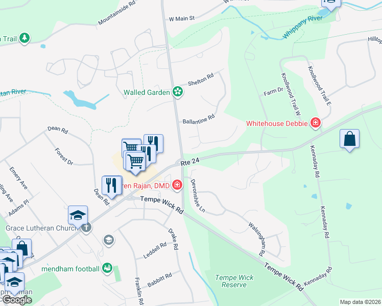map of restaurants, bars, coffee shops, grocery stores, and more near 12 D Boundary Oak Lane in Mendham