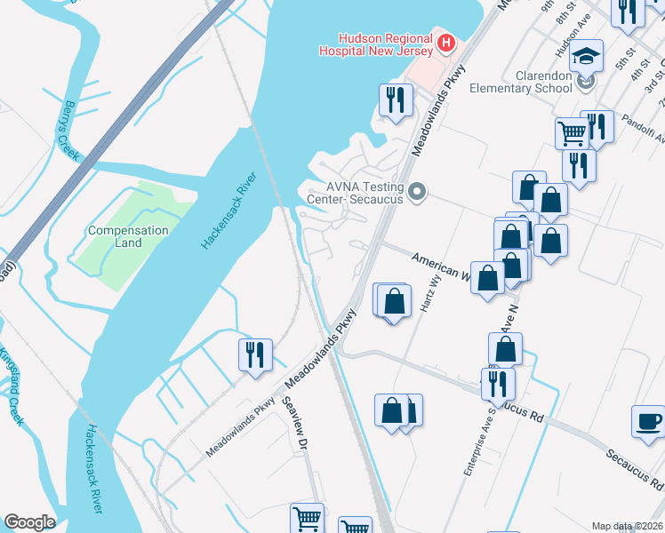 map of restaurants, bars, coffee shops, grocery stores, and more near 5 Harmon Cove Tower in Secaucus