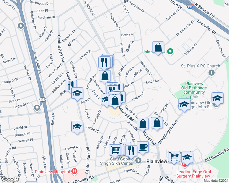 map of restaurants, bars, coffee shops, grocery stores, and more near 55 Country Drive in Plainview