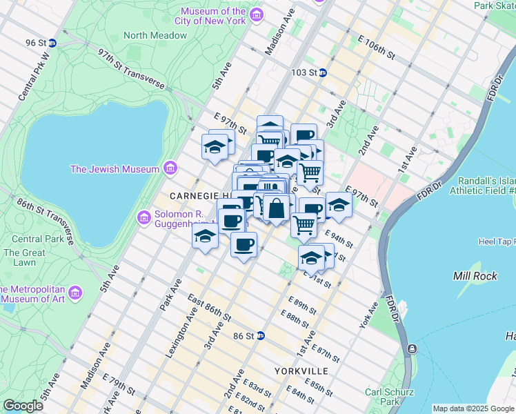 map of restaurants, bars, coffee shops, grocery stores, and more near 176 East 93rd Street in New York
