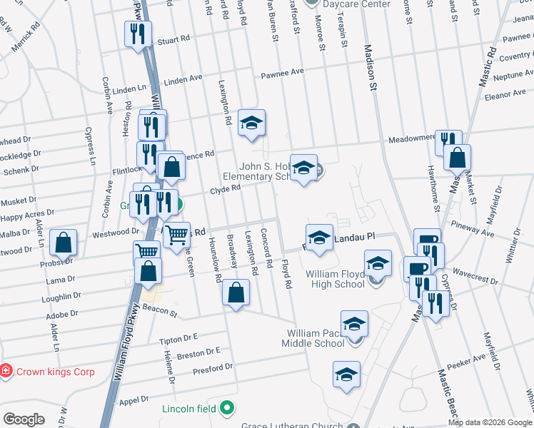map of restaurants, bars, coffee shops, grocery stores, and more near 19 Roberts Road in Shirley
