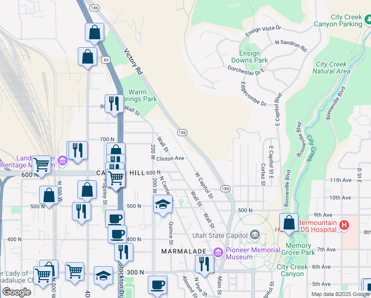 map of restaurants, bars, coffee shops, grocery stores, and more near 664 West Capitol Street in Salt Lake City