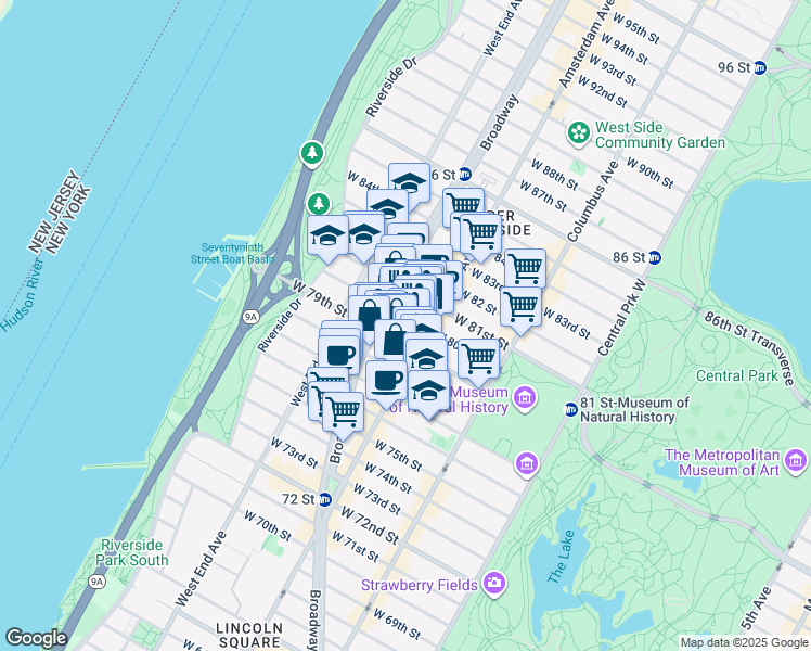 map of restaurants, bars, coffee shops, grocery stores, and more near 208 West 80th Street in New York