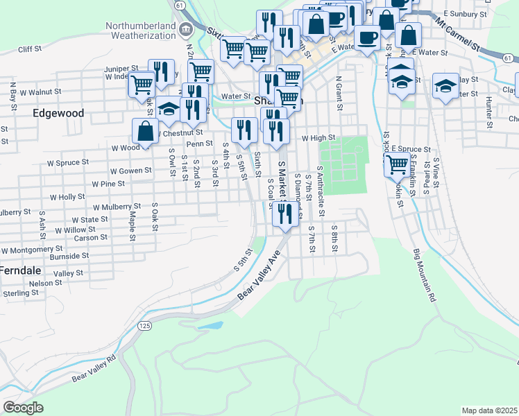 map of restaurants, bars, coffee shops, grocery stores, and more near 341 South 5th Street in Shamokin