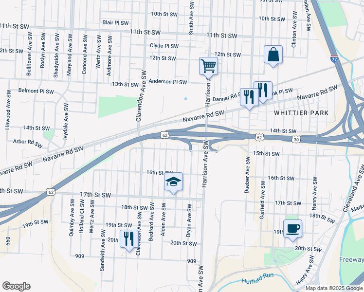 map of restaurants, bars, coffee shops, grocery stores, and more near 2314 Lennis Court Southwest in Canton
