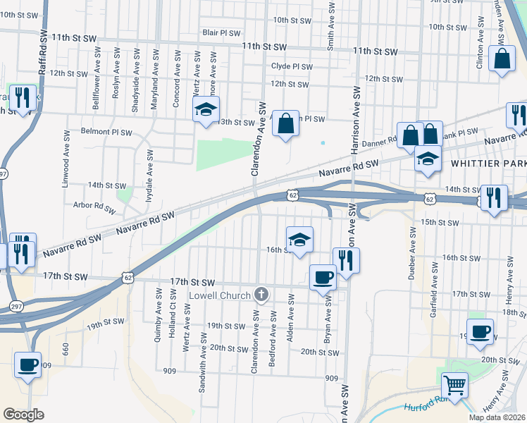 map of restaurants, bars, coffee shops, grocery stores, and more near 1505 Bedford Avenue Southwest in Canton