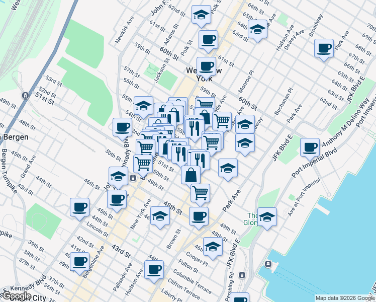 map of restaurants, bars, coffee shops, grocery stores, and more near 5301 Palisade Avenue in West New York