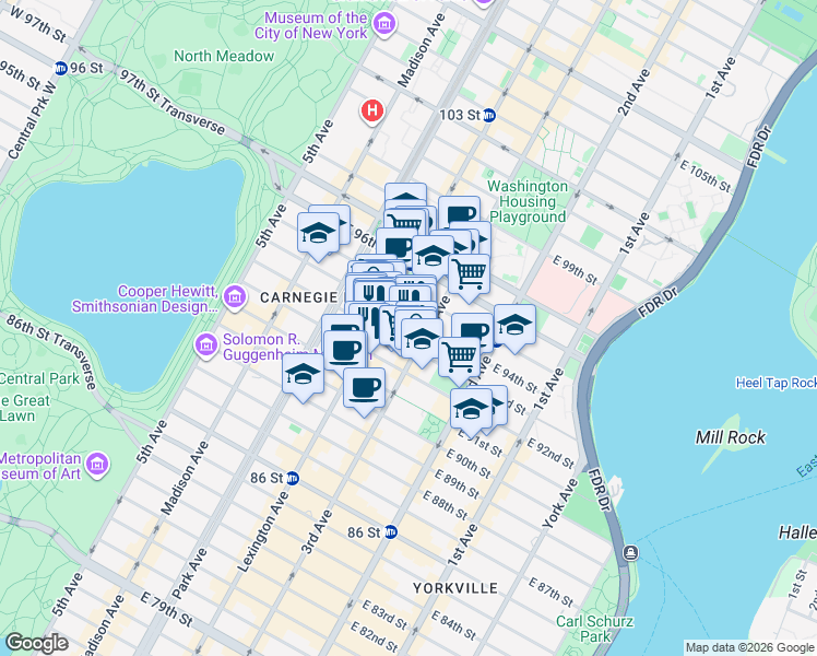map of restaurants, bars, coffee shops, grocery stores, and more near 170 East 94th Street in New York