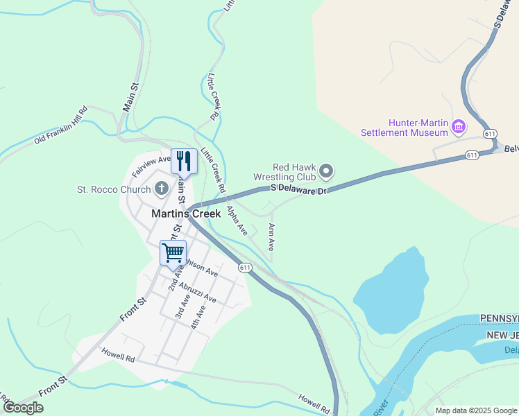 map of restaurants, bars, coffee shops, grocery stores, and more near 6574 Ann Avenue in Martins Creek