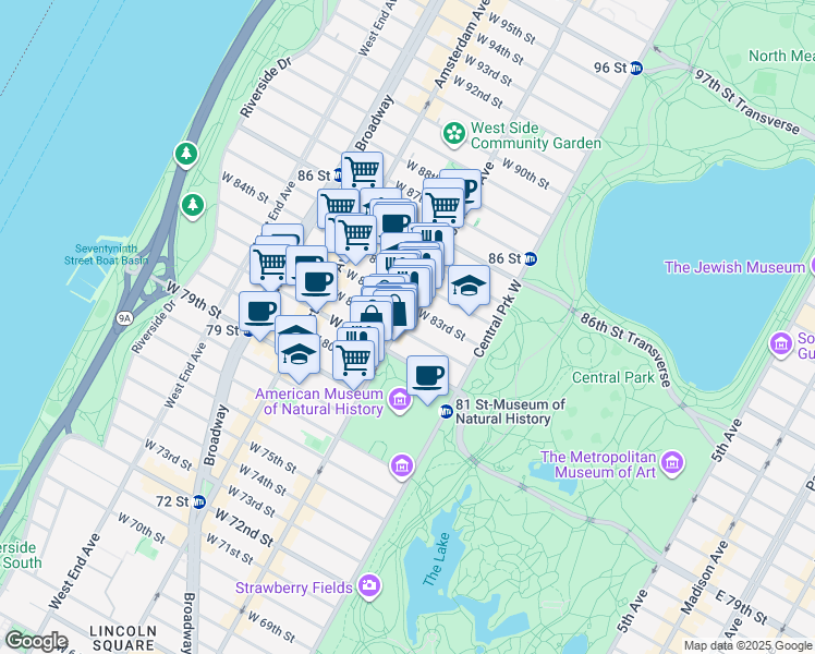 map of restaurants, bars, coffee shops, grocery stores, and more near 451 Columbus Avenue in New York