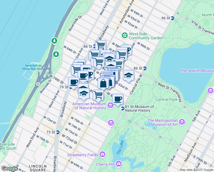 map of restaurants, bars, coffee shops, grocery stores, and more near 100 West 82nd Street in New York