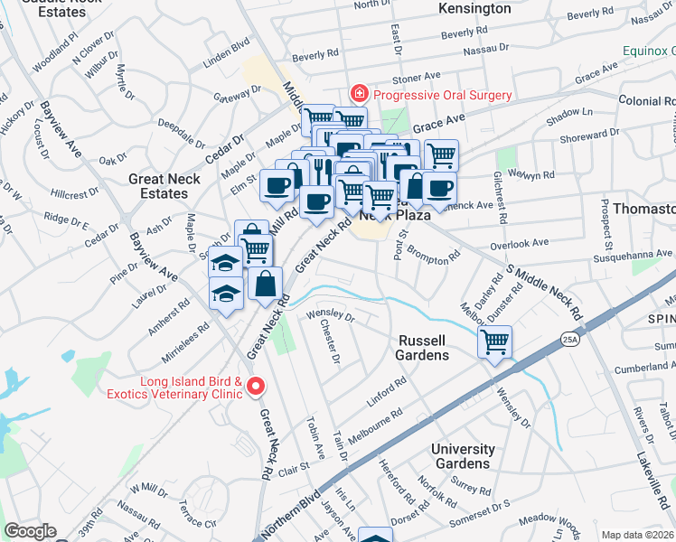 map of restaurants, bars, coffee shops, grocery stores, and more near 38 Knightsbridge Road in Great Neck