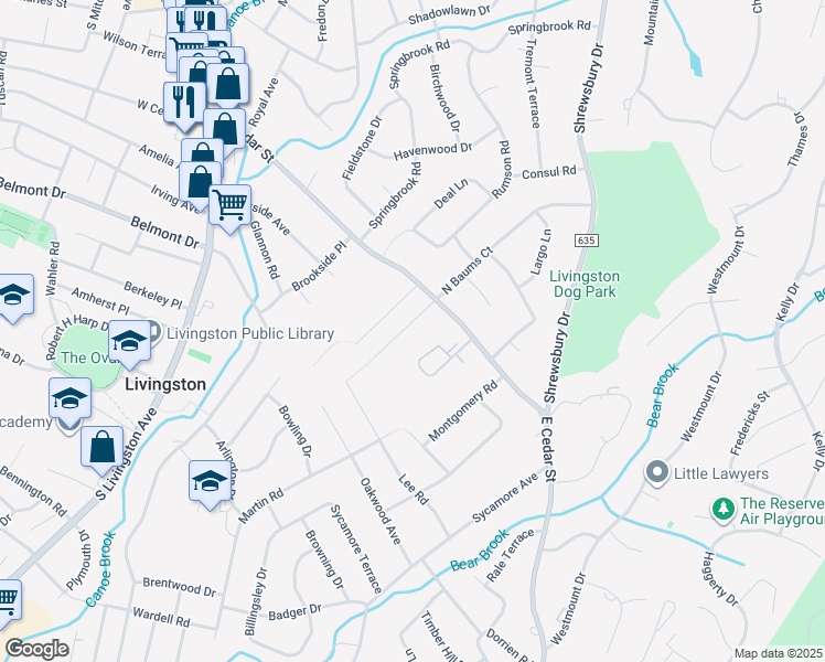 map of restaurants, bars, coffee shops, grocery stores, and more near 15 South Baums Court in Livingston