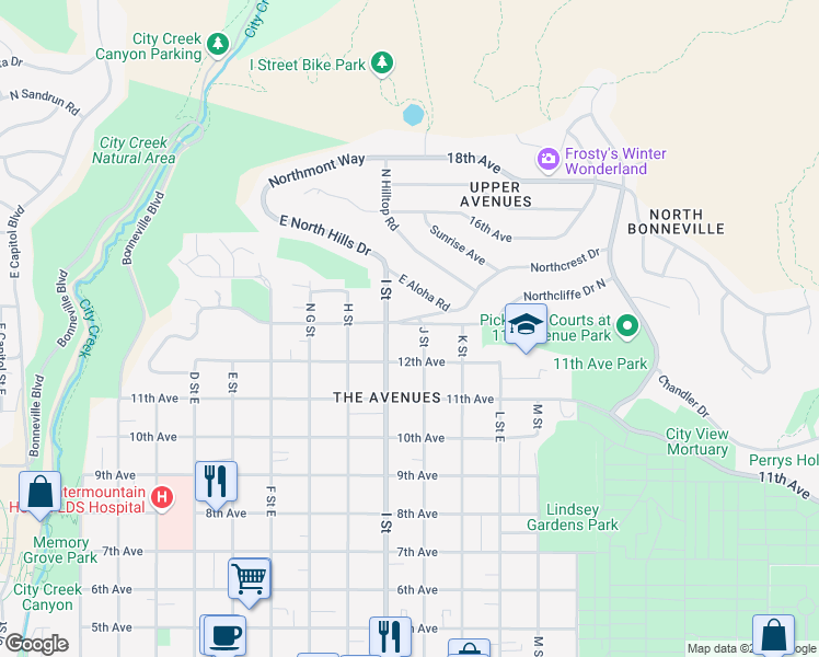 map of restaurants, bars, coffee shops, grocery stores, and more near 630 East 13th Avenue in Salt Lake City