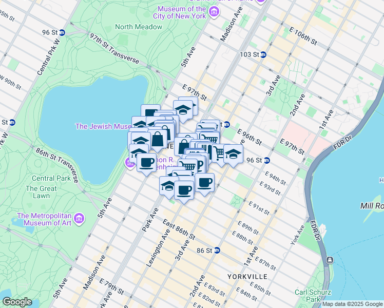 map of restaurants, bars, coffee shops, grocery stores, and more near 1147 Park Avenue in New York