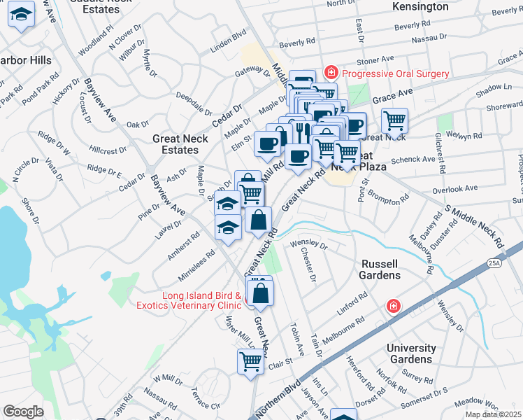 map of restaurants, bars, coffee shops, grocery stores, and more near 96 Cuttermill Road in Great Neck