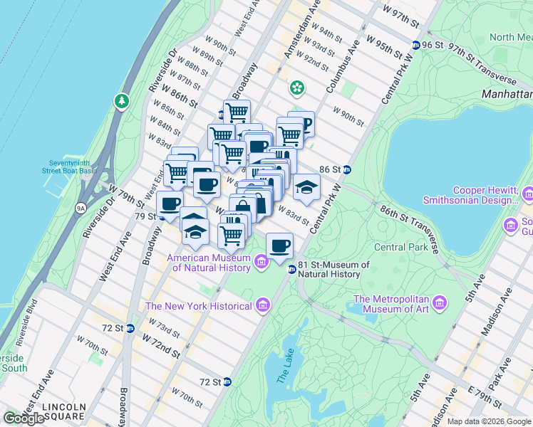 map of restaurants, bars, coffee shops, grocery stores, and more near 451 Columbus Avenue in New York