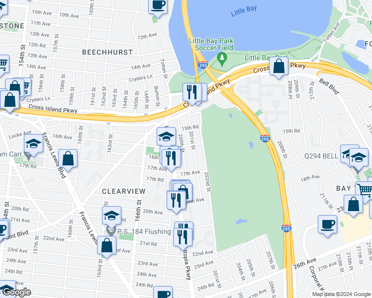 map of restaurants, bars, coffee shops, grocery stores, and more near 16-5 200th Street in Queens
