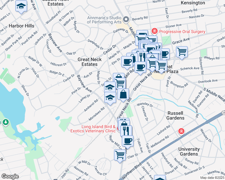 map of restaurants, bars, coffee shops, grocery stores, and more near 6 Gloucester Court in Great Neck