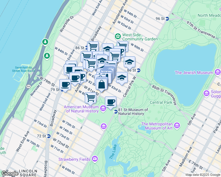map of restaurants, bars, coffee shops, grocery stores, and more near 31 West 82nd Street in New York