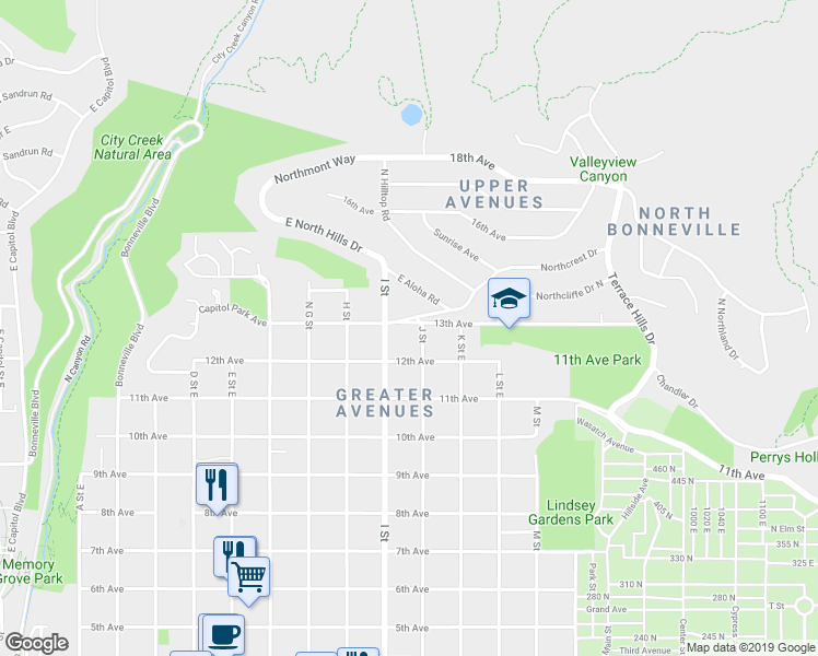 map of restaurants, bars, coffee shops, grocery stores, and more near 626 J Street in Salt Lake City