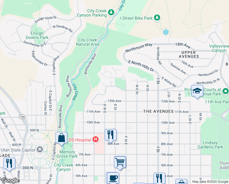map of restaurants, bars, coffee shops, grocery stores, and more near 395 East 12th Avenue in Salt Lake City