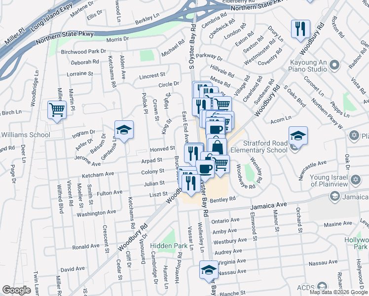 map of restaurants, bars, coffee shops, grocery stores, and more near 32 East End Avenue in Hicksville