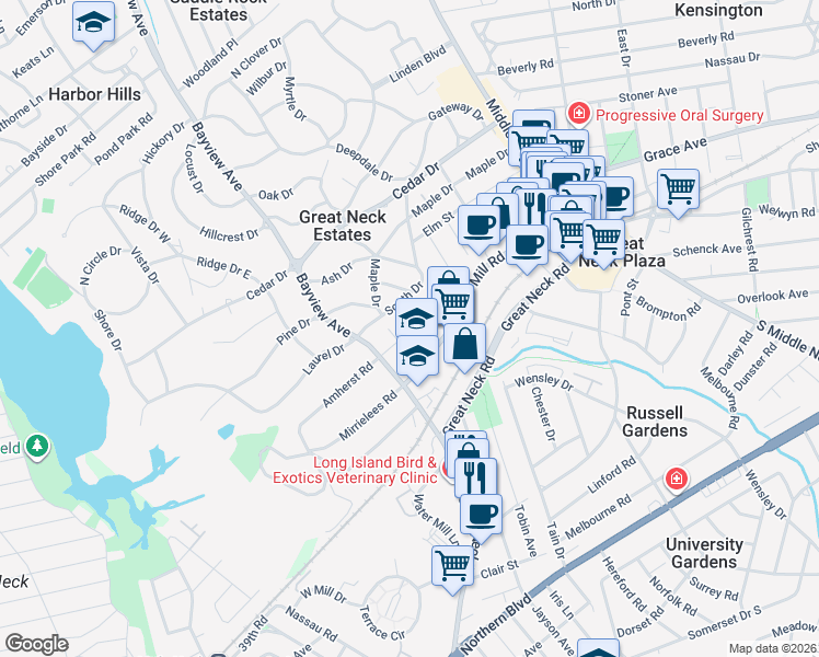 map of restaurants, bars, coffee shops, grocery stores, and more near 6 Gloucester Court in Great Neck