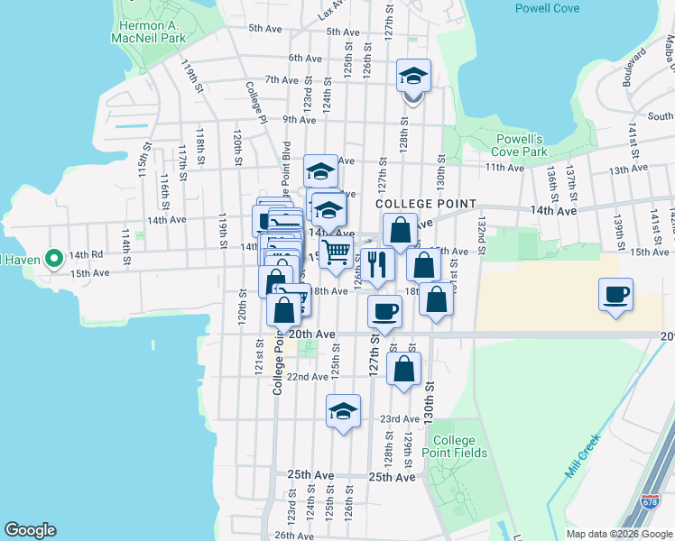 map of restaurants, bars, coffee shops, grocery stores, and more near 1542 125th Street in Queens
