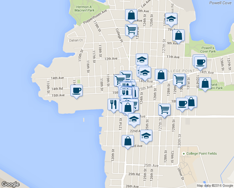 map of restaurants, bars, coffee shops, grocery stores, and more near 15-20 120th Street in Queens