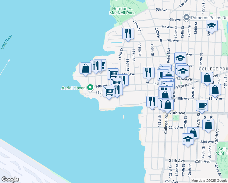 map of restaurants, bars, coffee shops, grocery stores, and more near 112-2 15th Avenue in Queens