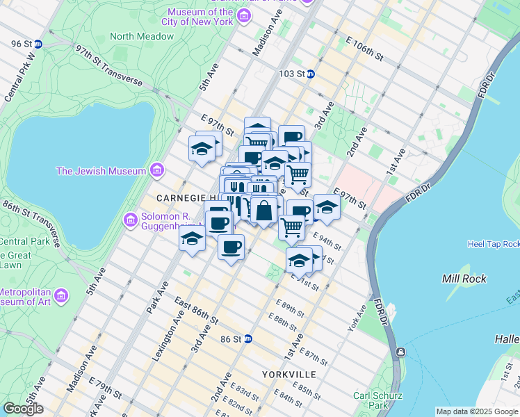 map of restaurants, bars, coffee shops, grocery stores, and more near 176 East 93rd Street in New York