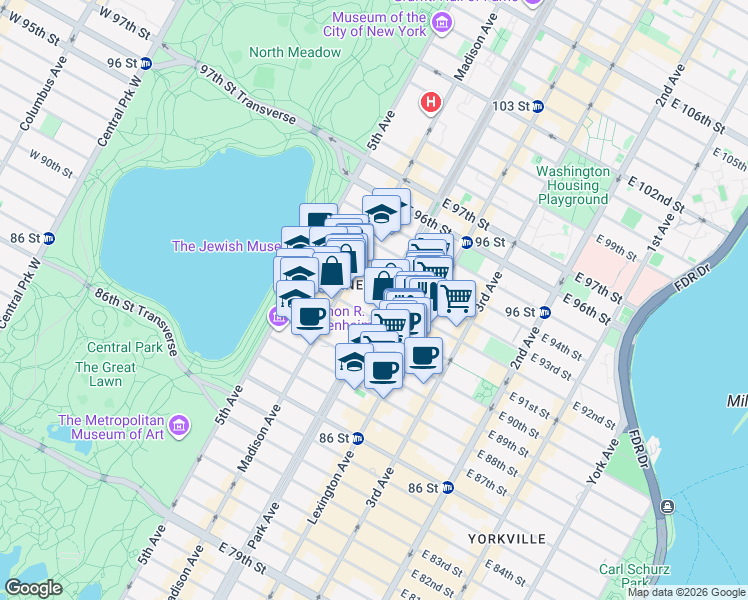 map of restaurants, bars, coffee shops, grocery stores, and more near 1147 Park Avenue in New York