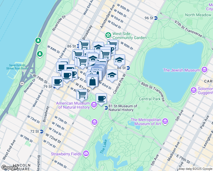 map of restaurants, bars, coffee shops, grocery stores, and more near 31 West 82nd Street in New York