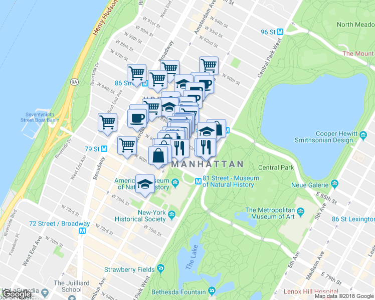 map of restaurants, bars, coffee shops, grocery stores, and more near 31 West 82nd Street in New York