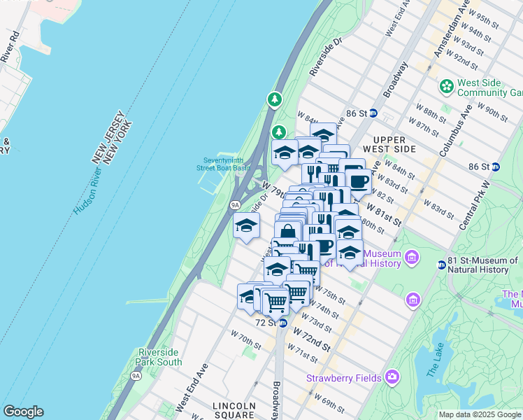 map of restaurants, bars, coffee shops, grocery stores, and more near 321 West 77th Street in New York